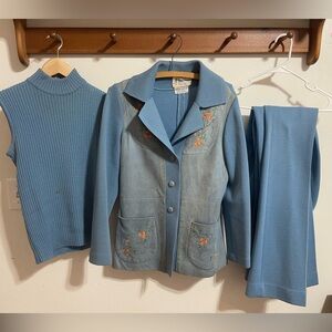 Vintage 1970s pennys wool Blue Embroidered Leather Jacket and Pants Set 3 Piece